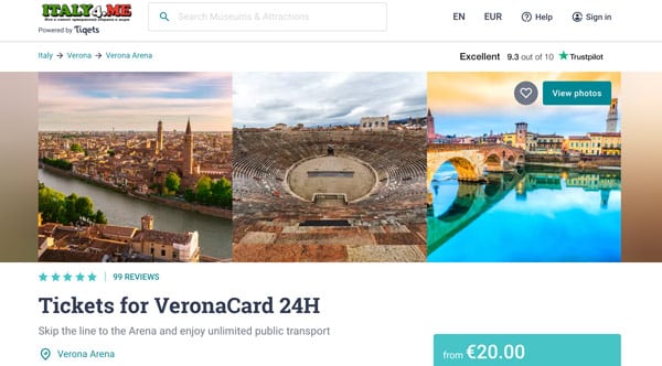 Покупка Verona Card на официальном сайте Tiqets